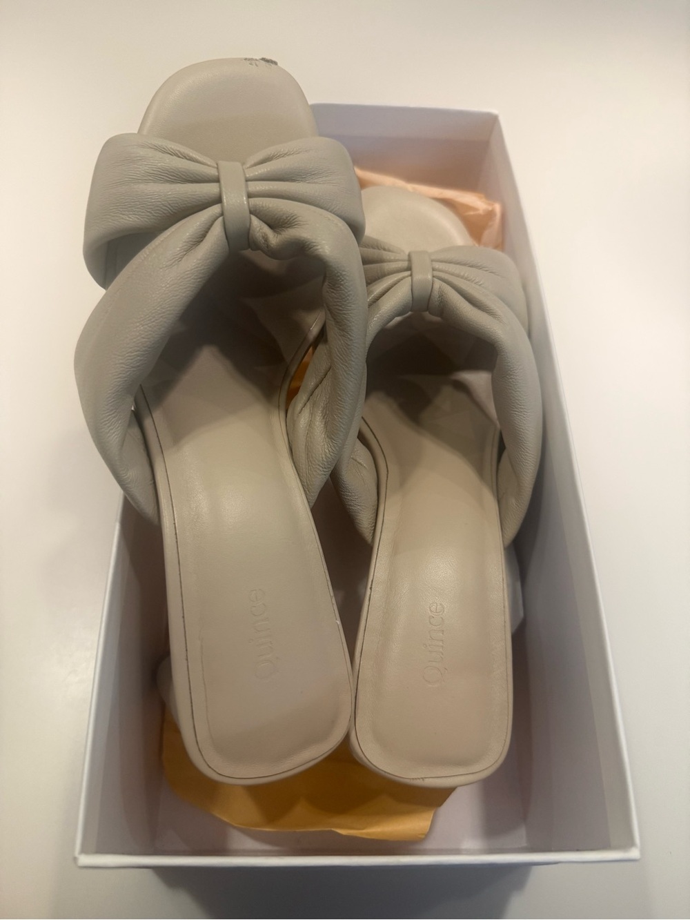 Quince Italian Leather Twist Mid heel mule in Almond